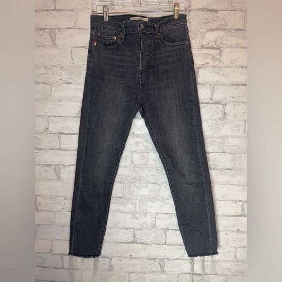 Levi's Wedge Skinny Grey Dark Distressed Hem Denim Jeans Button Up Closure - Picture 1 of 7